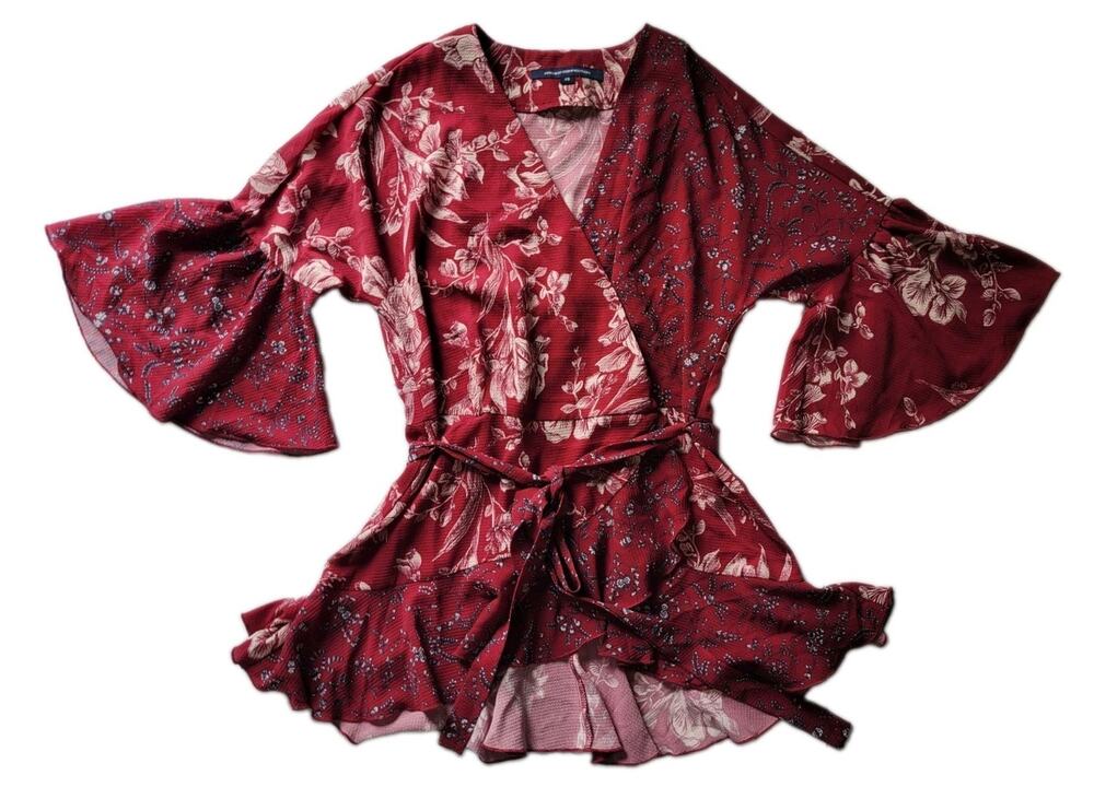 French Connection Womens XS Floral Wrap Romantic Bell Sleeve Retro Ruffle Top